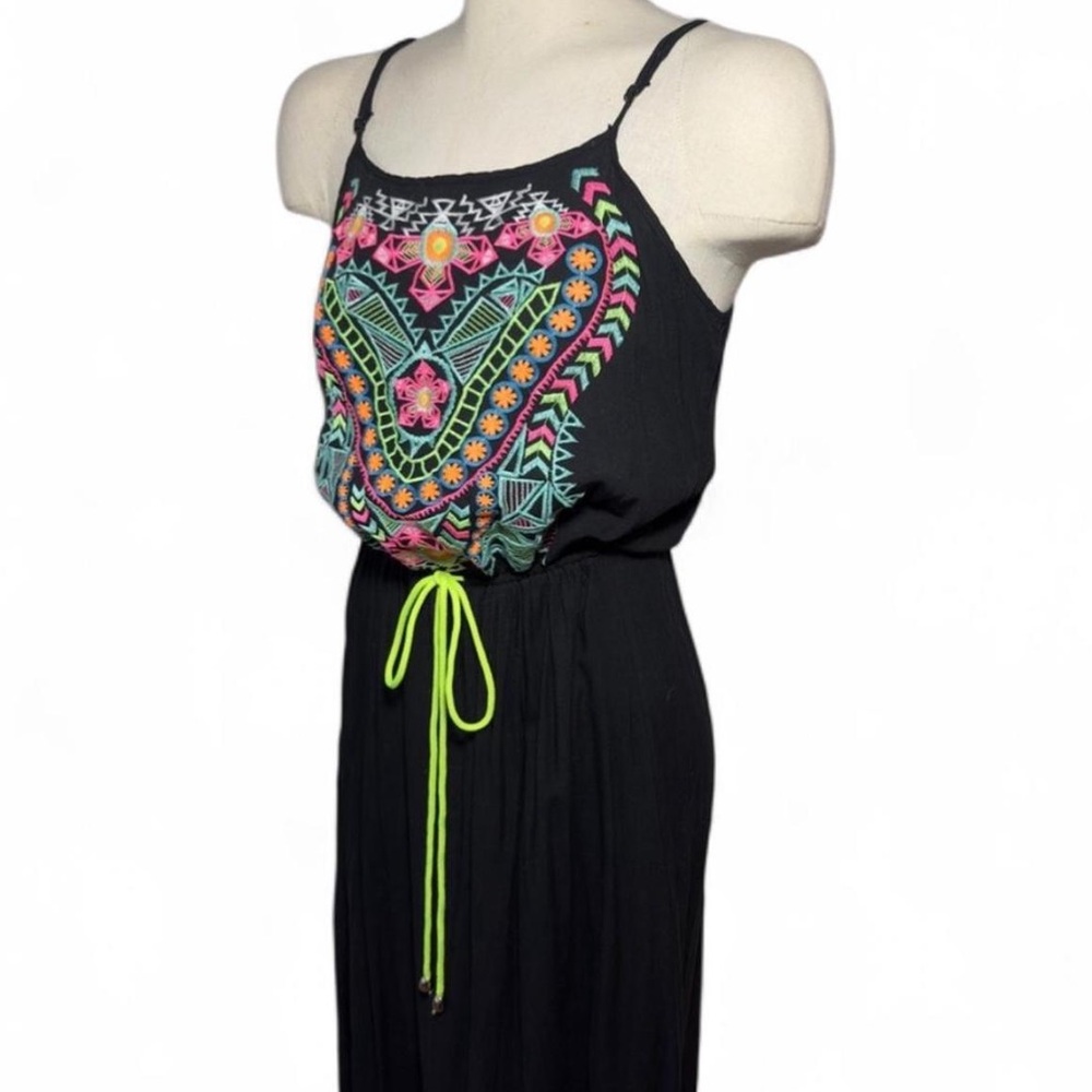 J Roberts Embroidered Black Maxi Dress Medium Boho Neon Detail
